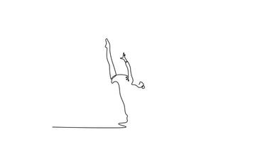 Self drawing animation of single line draw teenager doing gymnastics dance with ribbon. Gymnast dancer sports ballerina athlete perform acrobatics exercise. Continuous line draw. Full length animated video
