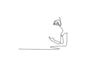 Self drawing animation of single line draw rhythmic gymnastic, woman in gym and ribbon with balance, action with performance and fitness. Competition, tournament. Continuous line. Full length animated video