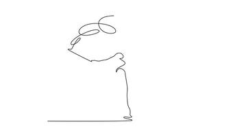 Animated self drawing of continuous line draw beautiful woman training rhythmic gymnastics with ribbon in gym. Female gymnast creativity and art with dancing routine. Full length single line animation video