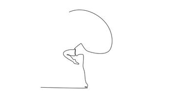 Self drawing animation of single line draw beautiful female rhythmic gymnastics artist in sportswear training with ribbon. Grace in motion, action and sport. Continuous line draw. Full length animated video