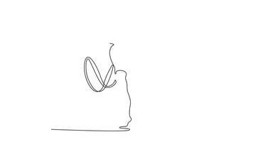 Animated self drawing of continuous line draw young girl, professional rhythmic gymnast athlete in motion, making performance with ribbon. Contemporary art collage. Full length single line animation video