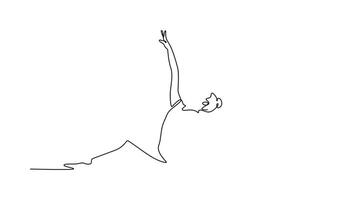 Self drawing animation of single line draw rhythmic gymnastics, female dancing in gym with balance, action with performance and fitness. Competition, tournament. Continuous line. Full length animated video