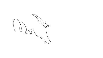 Self drawing animation of single line draw young female gymnast jumping in mid air, performing split leap. Action, motion, sports, motivation, competition. Continuous line draw. Full length animated video