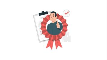 A cartoon man with a red ribbon and a check mark video