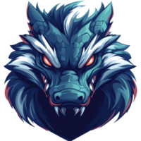 Stylized blue wolf head with glowing red eyes on transparent background digital art png