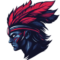 Stylized portrait of a native american chief with red and pink feathers on a transparent background png