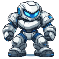 Cartoon robot character with white and blue armor on transparent background ready for action png