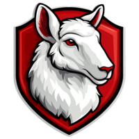 Fierce white sheep head logo on red shield perfect for gaming and fantasy themes png