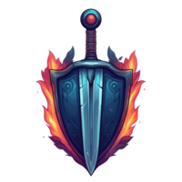 Fiery sword and shield emblem a stunning gaming logo design on transparent background png