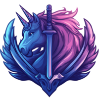 Majestic dual colored unicorn warrior with wings and sword on transparent background png