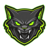 Aggressive black cat esports logo with glowing green eyes on transparent background png