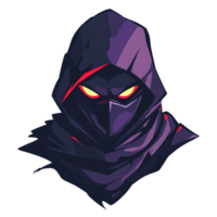 Mysterious dark sorcerer with glowing red eyes and hooded cloak on transparent background png