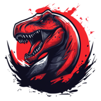 Fierce red t rex roaring against a dark red sun on transparent background png