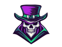 A captivating skull logo design with a top hat on a transparent background perfect for gaming esports or any project needing a unique and mysterious identity png