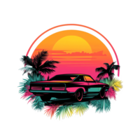 retro car with palm trees and sunset on a transparent background png