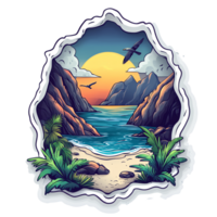 a cartoon style image of a beach and mountains png
