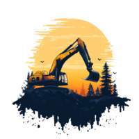 an excavator on a hill with trees and a sunset png