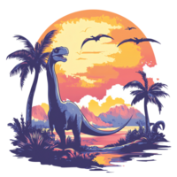 an illustration of a dinosaur in the sunset with palm trees png