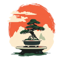 bonsai tree in a pot on a table with a sunset in the background png