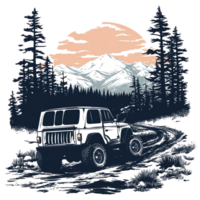 jeep driving through the forest on a mountain road, with pine trees and mountains in the background png