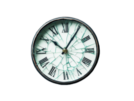 Broken clock displaying Roman numerals with shattered glass design png