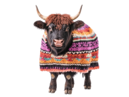 Highland cow wearing colorful sweater in playful winter attire png