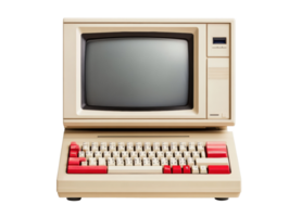 Retro computer model with vibrant keyboard design for nostalgia png