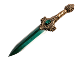 Elegant dagger with emerald handle and ornate golden hilt design png