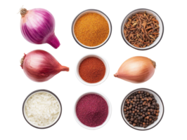 Culinary spices and onions arranged for diverse cooking png