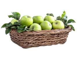Fresh green apples in a wicker basket with leaves for healthy snacks png