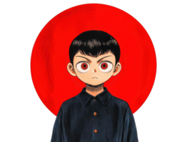 Young boy with intense gaze in front of red circle backdrop png