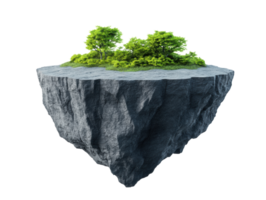 Floating island with lush green trees and rocky base for design png