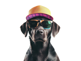 Cool dog in sunglasses and a colorful cap ready for summer fun png