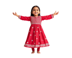 Child in red dress joyfully celebrating a festive event png