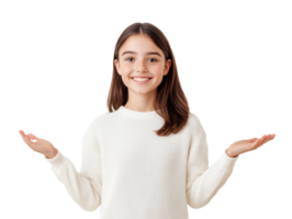 Smiling girl presenting with open hands and enthusiasm png