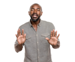 Engaging man gestures for attention while expressing a message png