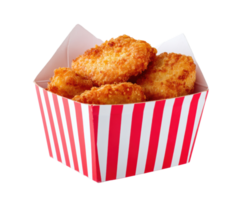 Crispy chicken nuggets in a red striped serving box png