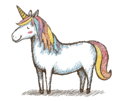 Magical unicorn with colorful mane in charming sketch style png