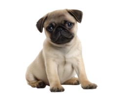 Playful pug puppy sitting with curious expression in studio setting png