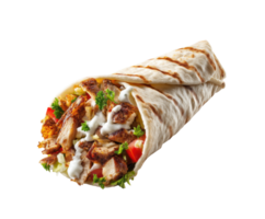 Grilled chicken wrap with fresh vegetables and sauce in flatbread png