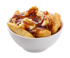 Classic poutine with crispy fries and savory gravy served in a bowl png