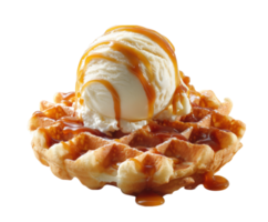 Delicious waffle topped with vanilla ice cream and caramel drizzle png