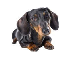 Playful dachshund looking curiously at the camera in a cozy setting png