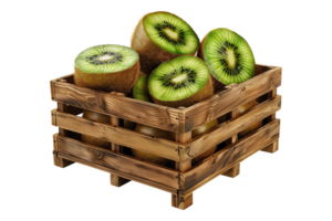 Kiwi fruit in a wooden crate isolated on transparent background png