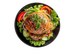 Top view of chicken burger with green salad isolate on transparent background png