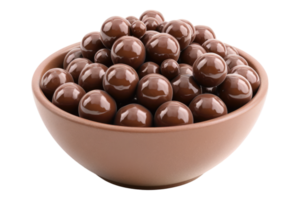 Chocolate malt balls in a wooden bowl isolated on transparent background png