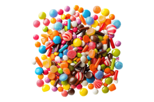 Scattered multicolored candies isolated on transparent background png