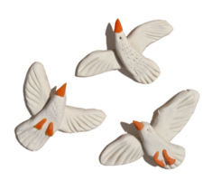 set of white three cute seagull birds in flight made of plasticine png