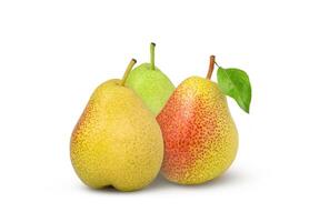 Pear with leaf isolated on white background. Green, yellow and red pear fruits. photo