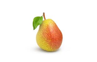 One red pear fruit with leaf on white background. Fresh yellow pear. photo